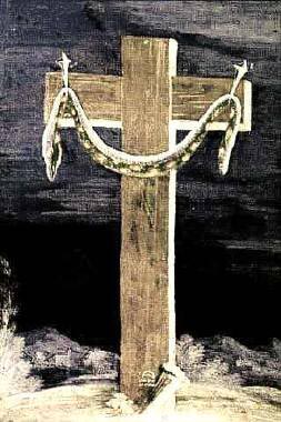 Crucified serpent snake draped over cross logo image